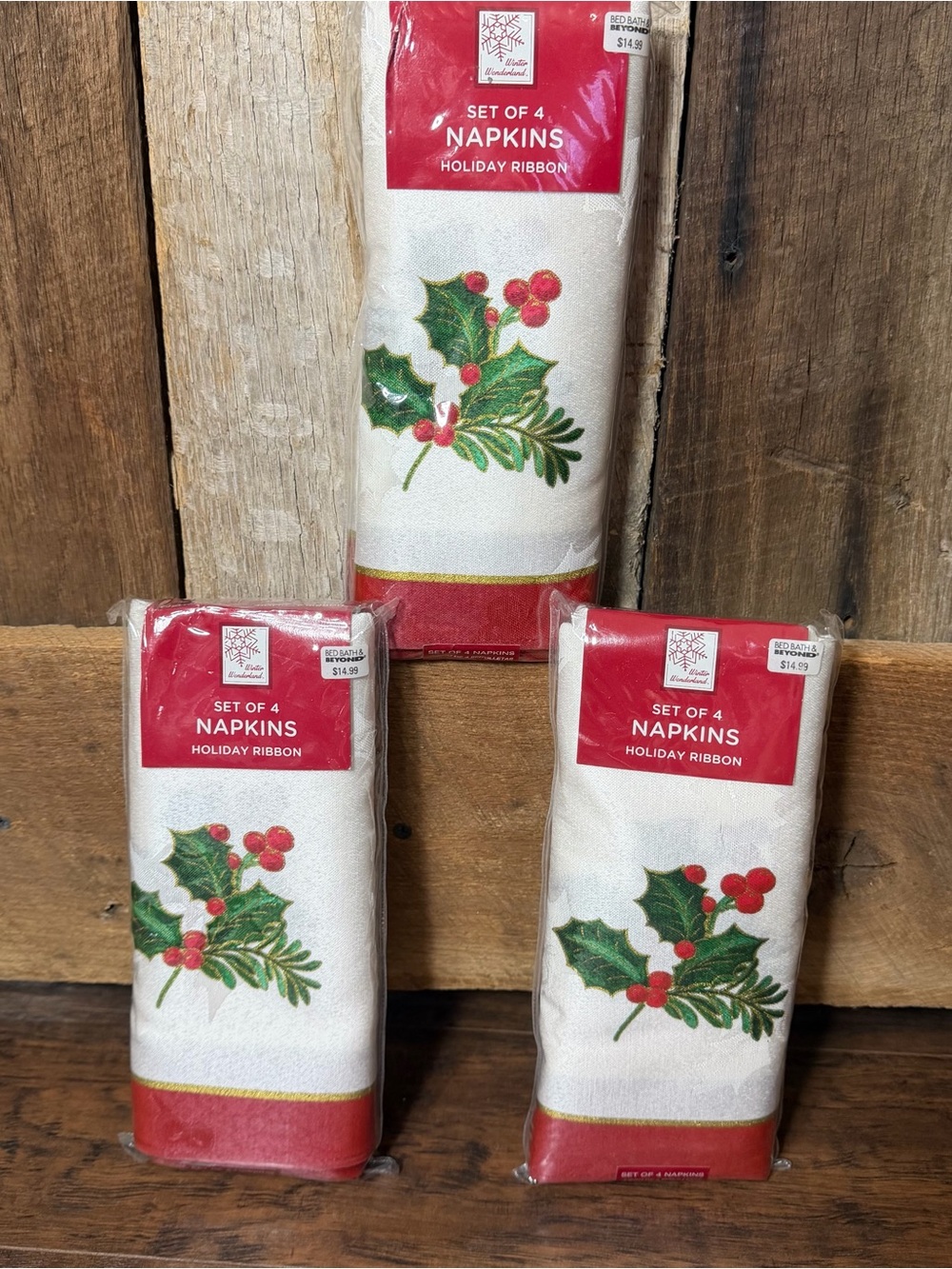Bed Bath & Beyond Christmas Holiday Ribbon Cloth Napkins Lot Of 3 Pkgs